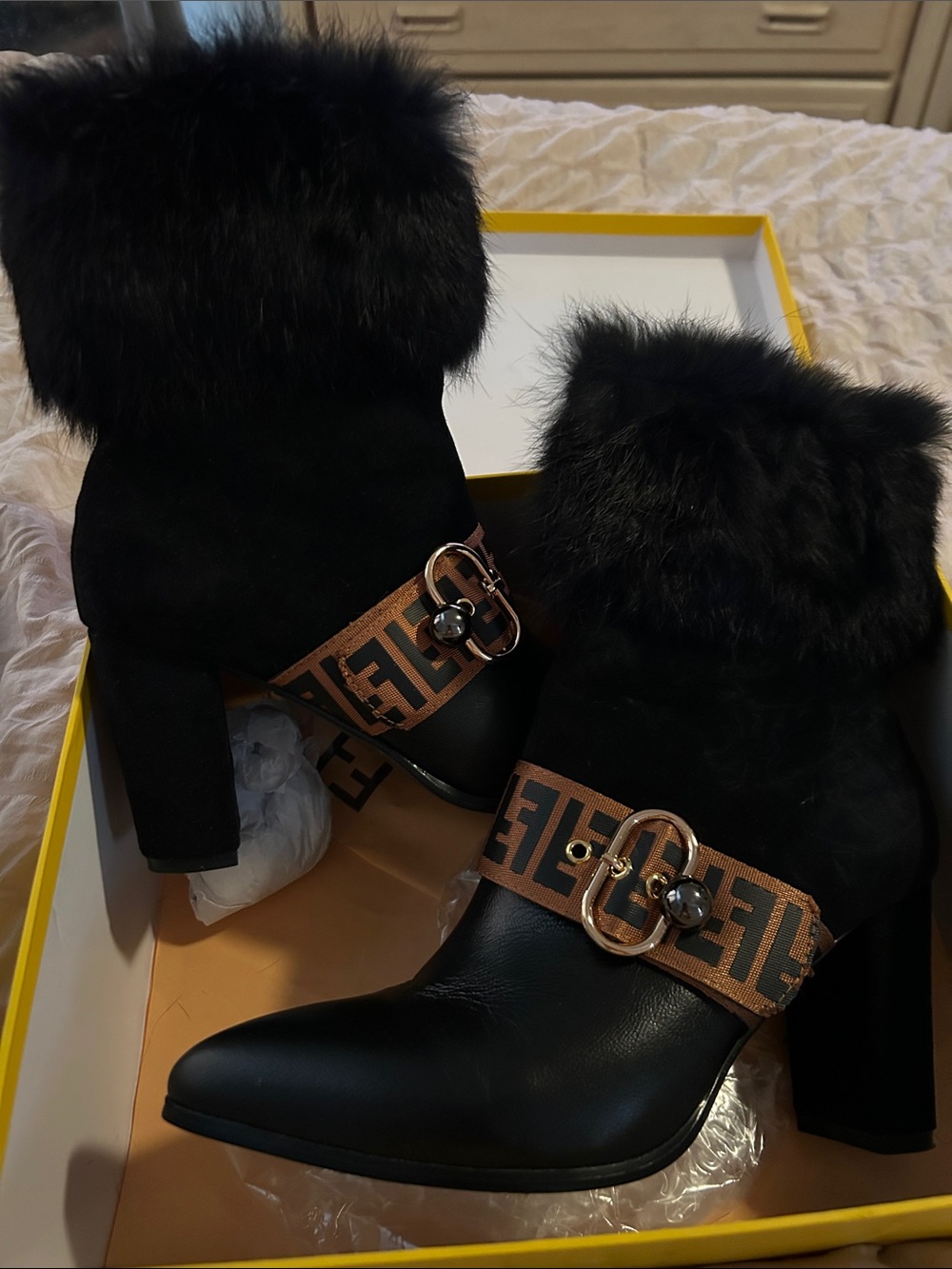Black Fur-Trim Ankle Boots with Branded Strap